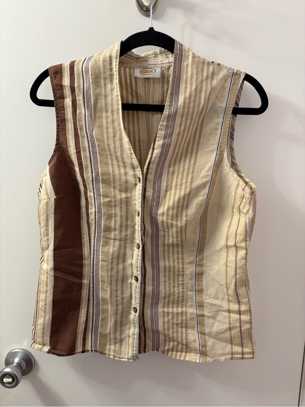 Talbots Sleeveless Striped Button-Front Tank Top - Beige & Brown PTP 19-19.5 EUC